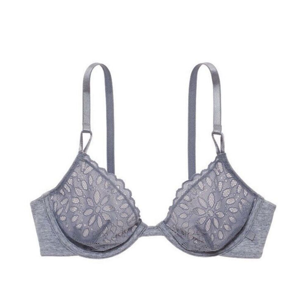 Victoria's Secret‎ - Cotton Eyelet Unlined Demi Bra - Gray Lace Sz 38DD